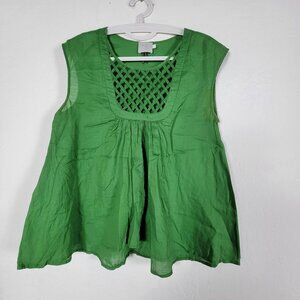 HD in Paris Anthropologie Lattice Pane Green Blouse Top Small Cap Sleeve Casual